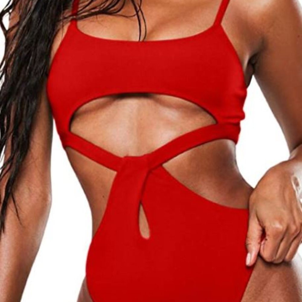 Red Spaghetti Strap Cutout One Piece Swimsuit